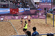 Deutsch: Beachhandball bei den Olympischen Jugendspielen 2018; Tag 6, 12. Oktober 2018; Mädchen, Hauptrundenspiel – Ungarn-Niederlande 2:1 English: Beach handball at the 2018 Summer Youth Olympics at 12 October 2018 – Girls Main Round – Hungary-Netherlands 2:1