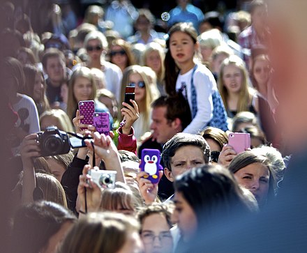 "Beliebers", the fans of Justin Bieber, gathering around the hotel where Bieber is supposed to be inside in Oslo, Norway on 30 May 2012.