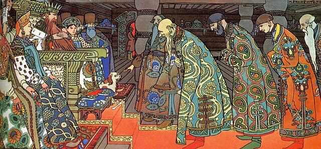 The Merchants visit Tsar Saltan (Act 3), illustration of Pushkin's poem by Ivan Bilibin who would later provide designs for premieres by Rimsky-Korsak