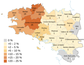 Число носителей бретонского языка в процентном отношении по регионам Бретани (2018)