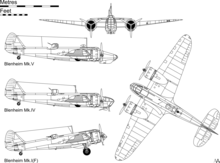 3-view drawing of the Blenheim Mk I(F), with scrap views showing the Mk IV and Mk V variants