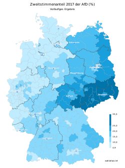 Second vote share percentage for AfD, a far-right party, in the 2017 federal election in Germany, final results Btw17afd.svg