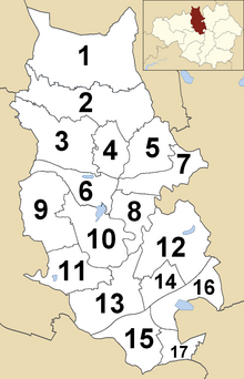 Council Wards
1 Ramsbottom
2 North Manor
3 Tottington
4 Elton
5 Moorside
6 Bury West
7 Bury East
8 Redvales
9 Radcliffe North & Ainsworth
10 Radcliffe East
11 Radcliffe West
12 Unsworth
13 Pilkington Park
14 Besses
15 St. Mary's
16 Holyrood
17 Sedgley Bury Council Wards Numbered.png