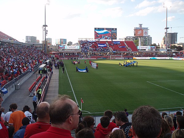 Players lining up during the national anthem prior to the qualifying match against Canada on June 12, 2012, at BMO Field