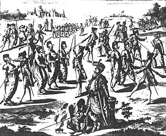 Caricatura contemporánea de la misión militar francesa de 1783 en Constantinopla entrenando tropas otomanas.