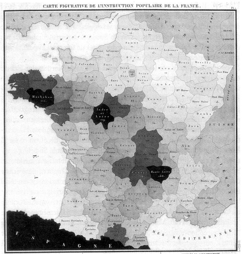 La première carte choroplèthes par Dupin (1826)