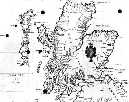 1580 Carte of Scotlande showing Hyrth (i.e. Hirta) at left and Skaldar to the north east