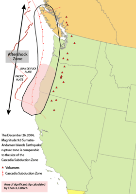 Cascade Volcanic Arc, a continental volcanic arc Cascadia subduction zone USGS.png