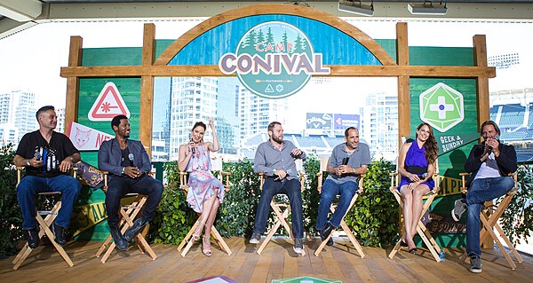 The cast at Camp Conival presentation for Colony offsite at Petco Park during San Diego Comic-Con 2016. From left: Adrian Pasdar, Tory Kittles, Sarah 