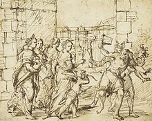 The Lupercalian Festival in Rome (ca. 1578-1610), drawing by the circle of Adam Elsheimer, showing the Luperci dressed as dogs and goats, with Cupid and personifications of fertility Circle of Adam Elsheimer The Lupercalian Festival in Rome.jpg