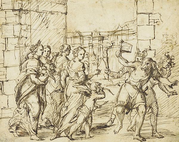 The Lupercalian Festival in Rome (ca. 1578–1610), drawing by the circle of Adam Elsheimer, showing the Luperci dressed as dogs and goats, with Cupid a