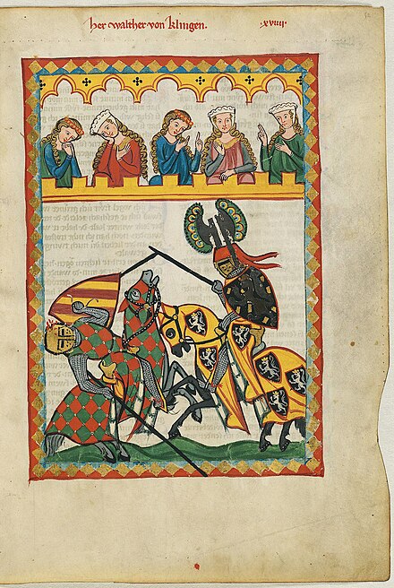 Depiction of a late 13th-century joust in the Codex Manesse. Joust by Walther von Klingen.