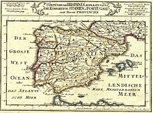 Map of 1720 showing the interior kingdoms of peninsular Spain during the Ancient Regime. Compendiosa Hispaniae representatio die konigreich Spanien und Portugall mit ihren provincien.jpg