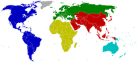 Mapa múndi com as associações continentais dos Comitês Olímpicos Nacionais (NOC)