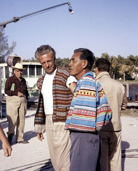 Director Nicholas Ray (left) with actor Cory Osceola during filming of Wind Across the Everglades