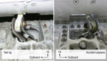 Damage produced by load testing of the elevator mechanism (left), compared with the damage seen on the accident aircraft (right). Damage to Ameristar 9363 geared tab linkages, accident (right) and test rig (left).png