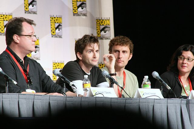 Tennant with Doctor Who showrunner Russell T Davies (left), regular director Euros Lyn (centre right), and executive producer Julie Gardner (right) at