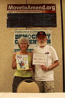 Ott promoting a Constitutional Amendment to end corporate personhood Democracy Convention Madison Wisconsin.jpg