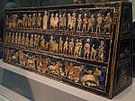 Standard of Ur (Sumerian); c.2600-2400 BC; shell, red limestone and lapis lazuli on wood; length: 49.5 cm; British Museum (London)[14]