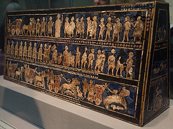 Standard of Ur; 2600-2400 BC; shell, red limestone and lapis lazuli on wood; length: 49.5 cm; from the Royal Cemetery at Ur; British Museum
