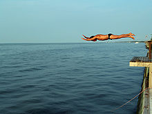 A man dives into the Great South Bay of Long Island. Diving off a deck into the Great South Bay of Long Island.jpg