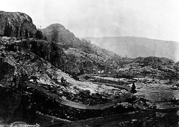 Donner Pass in the 1870s showing Dutch Flat wagon route improvements—made by Central Pacific Railroad.
