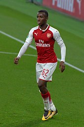 A colour photograph of Eddie Nketiah, in action for Arsenal.