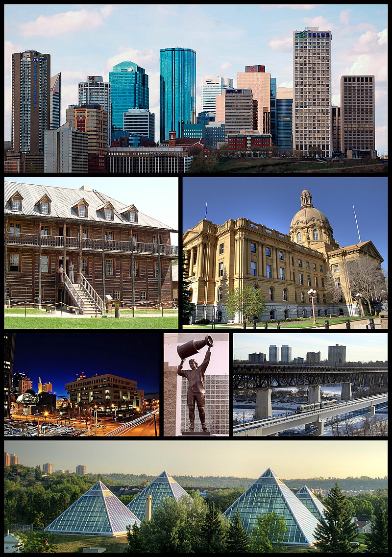 From top left: Downtown Edmonton, Fort Edmonton Park, Legislature Building, Law Courts, Northlands Coliseum, High Level Bridge, Muttart Conservatory