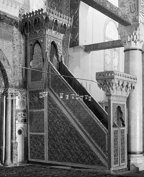 The Minbar of Saladin in the al-Aqsa mosque, Jerusalem (photograph from 1930s). The minbar was built in wood and commissioned by Nur al-Din in 1168-69
