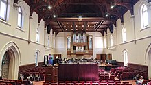 This is a photograph of the interior of the Elder Hall, which was inspired by Florentine Gothic architecture.