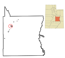 Áreas incorporadas y no incorporadas del condado de Emery Utah Orangeville destacó.svg