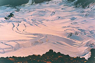 Transverse and splashing crevasses on Emmons Glacier, Mount Rainier, 1995