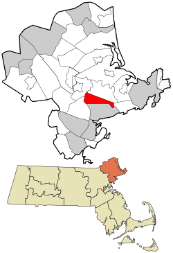 韦纳姆在艾塞克斯县及麻萨诸塞州的位置（以红色标示）