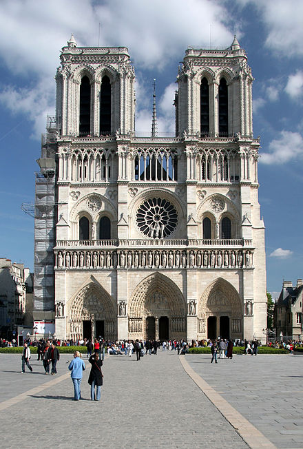 Façade of Notre Dame de Paris before the 2019 fire, showing the tympana and one of the rose windows