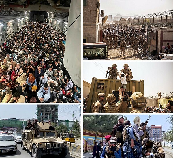 Clockwise from top left: Afghans fleeing Kabul Airport aboard a US Boeing C-17 Globemaster III, US Marines assisting at an evacuation checkpoint at Ha