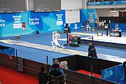 Deutsch: Fechten bei den Olympischen Jugend-Sommerspielen 2018: Tag 1, 7. Oktober 2018, Jungen, Säbel, Viertelfinale - Samuel Jarry (FRA) - Mazen Elaraby (EGY) 14:15 English: Fencing at the 2018 Summer Youth Olympics at 7 October 2018 – Boys' sabre Quarterfinals – Samuel Jarry (FRA) Vs Mazen Elaraby (EGY) 14:15