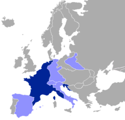 1812 yılında Fransız İmparatorluğu (koyu mavi) ve bağlı devletler (açık mavi).