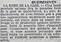 Article du journal La Dépêche de Brest et de l'Ouest annonçant la première foire organisée à la gare de Quéménéven en 1928.