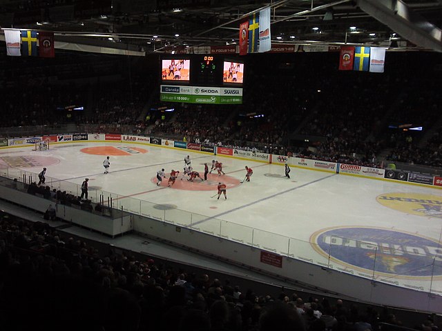 The arena during an ice hockey match. During a concert, the ice hockey rink is temporarily removed.
