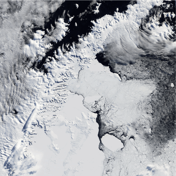 Fonte des glaces en Antarctique / Réchauffement climatique : Décrochage de la barrière de glace Larsen B (barrière de Larsen) en février 2002.
