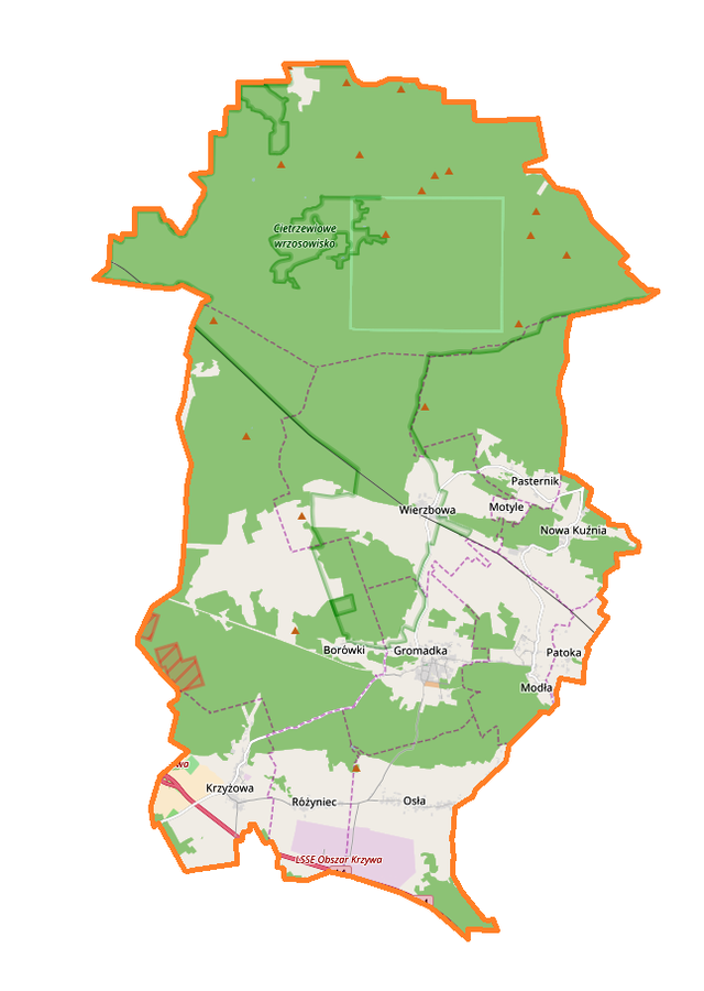 Mapa konturowa gminy Gromadka, na dole znajduje się punkt z opisem „Lądowisko Krzywa”