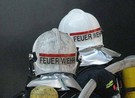 Two Vienna firefighters with Gallet or F1 helmets; the neck is protected by an aluminized flap