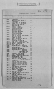 Liste der 1945 beschlagnahmten Werke aus dem Besitz Hildebrand Gurlitts, Seite 1; Wiesbaden Central Collecting Point (auch mit Werken von Louis Gurlitt)