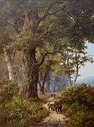 H.P. Koekkoek - A peasant leading a donkey cart in an extensive wooded landscape.jpg