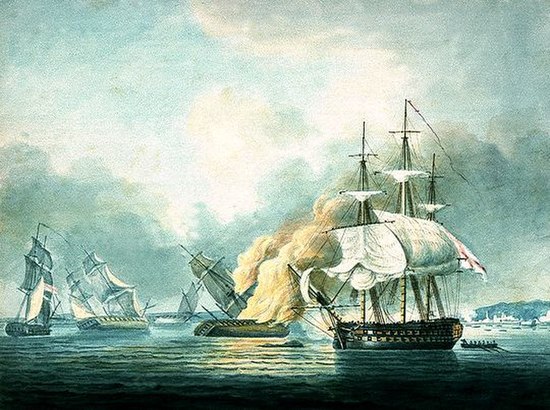 Destruction of the French Frigates Arianne & Andromaque 22nd May 1812. The image shows the last stages of the action of 22 May 1812. From left to righ