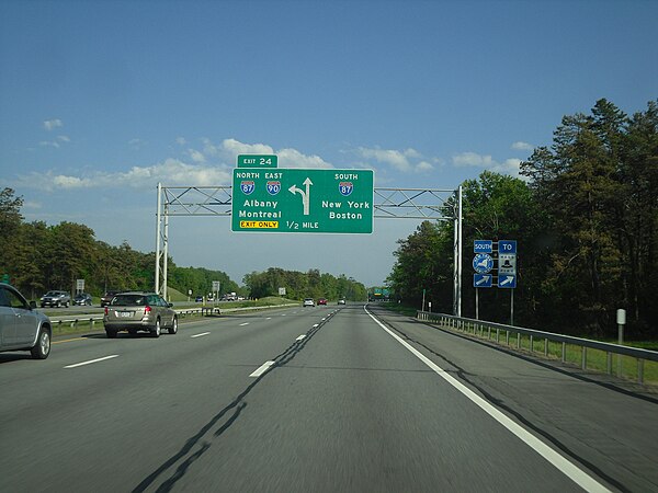 Overhead signage for exit 24 in Albany, where I-90 leaves the Thruway mainline to serve downtown Albany