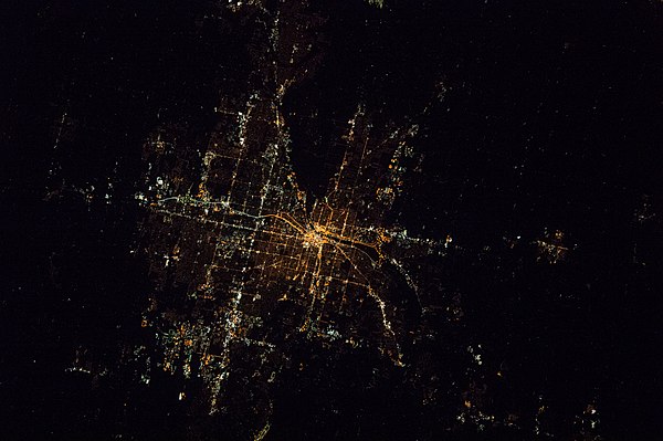 Grand Rapids at night in 2016 from the International Space Station. Grand Rapids is the largest city in western Michigan.