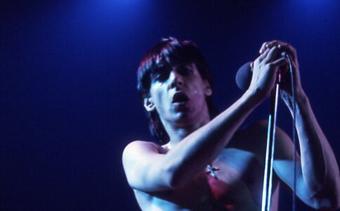 Un chanteur torse nu, en buste, dans la lumière bleutée d'une salle de concert.