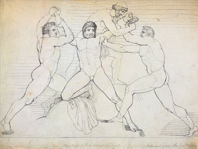 Illustration of the binding of Prometheus by John Flaxman, first published in Richard Porson's 1795 translation of Aeschylus' Prometheus Bound. Kratos