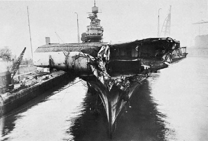  The bow of HMS Illustrious after colliding with HMS Formidable, 16 December 1941